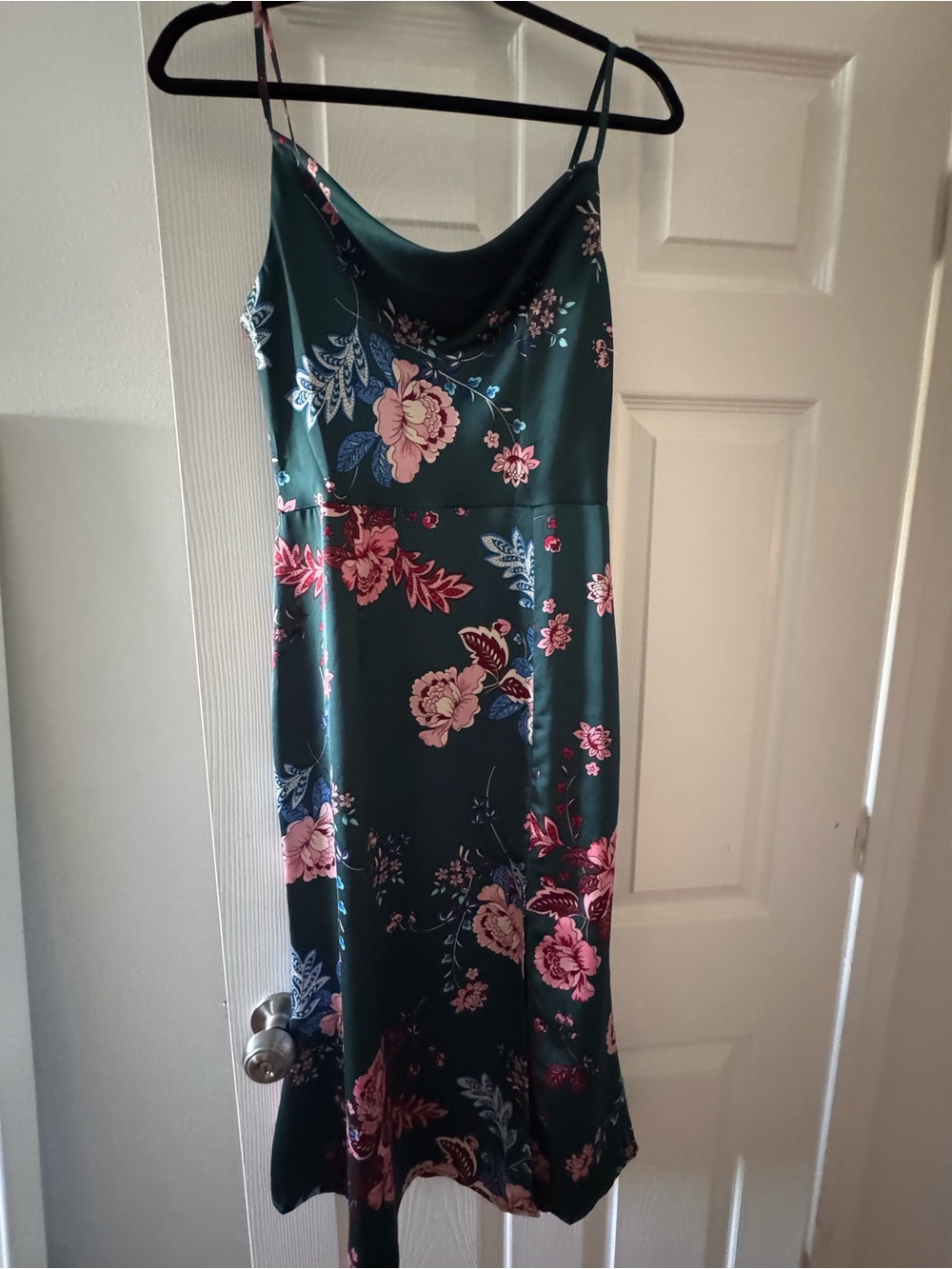 Amazon Green Satin Midi Slip Dress with Pink Floral Print